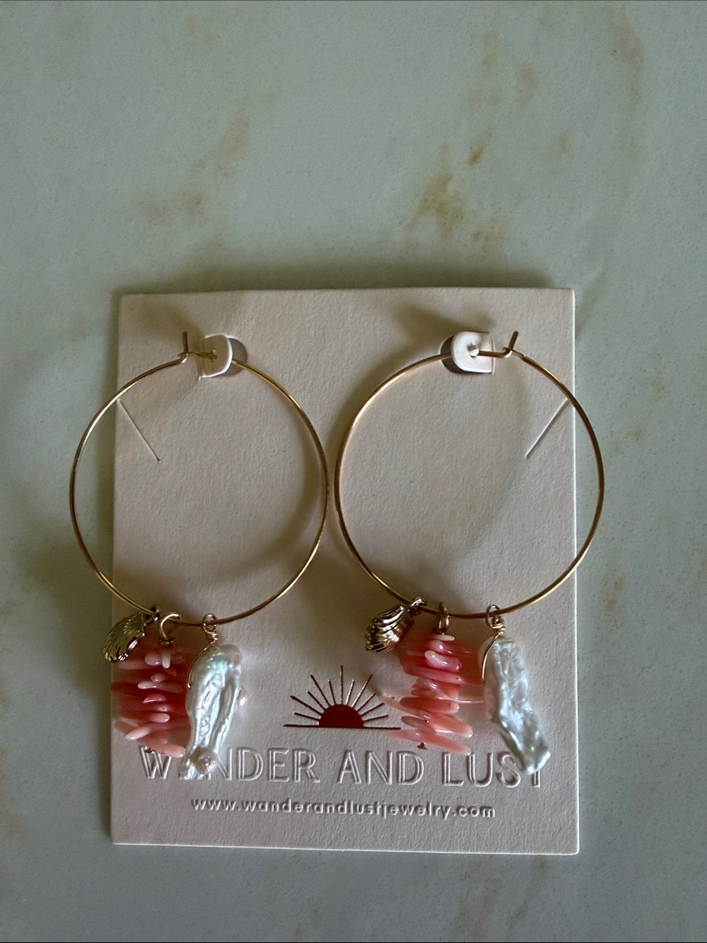 Wander and Lust Pink Shell & Pearl Charm Hoop Earrings